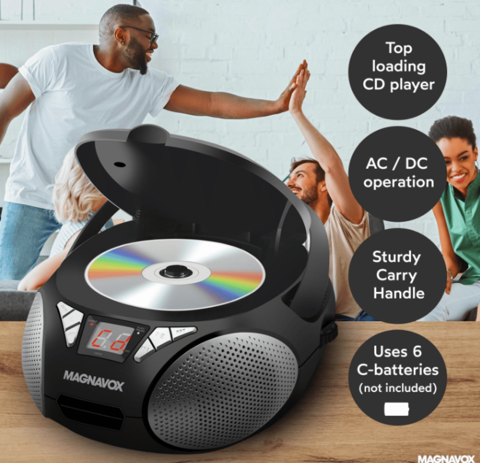 Magnavox Portable CD Boombox with FM Stereo Radio, Top-Loading CD Player, AUX Input, LED Display, AC/DC Power, Battery Operated Boombox, Black