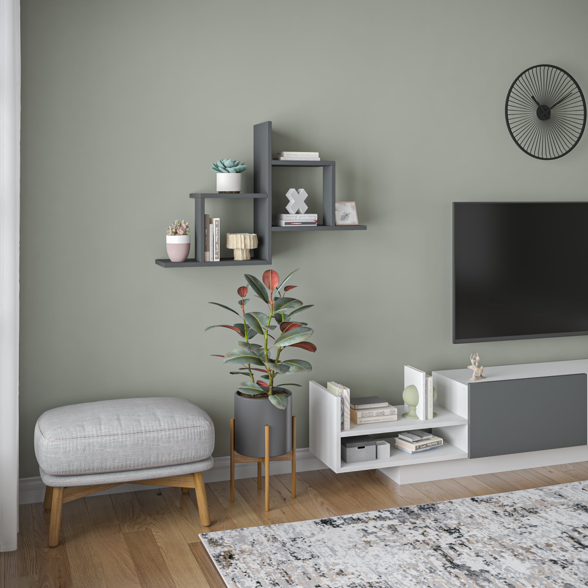 Ada Home Decor Furniture 33.86" 2 Tier Anthracite Webb Modern Wall Shelf