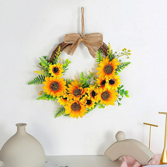 Artificial Sunflower Wreath Summer Sunflower Wreath Flower Wreath with Yellow Sunflower and Green Leaves Sunflowers Flowers Greenery Wreath for Wedding Party Indoor Outdoor Home Decor