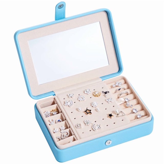 Wholesale Customizable Light Blue Korean-Style Leather Jewelry Organizer with Mirror – Portable Multi-Functional Storage Box for Earrings, Rings & Small Accessories, Durable Design with Easy-Access