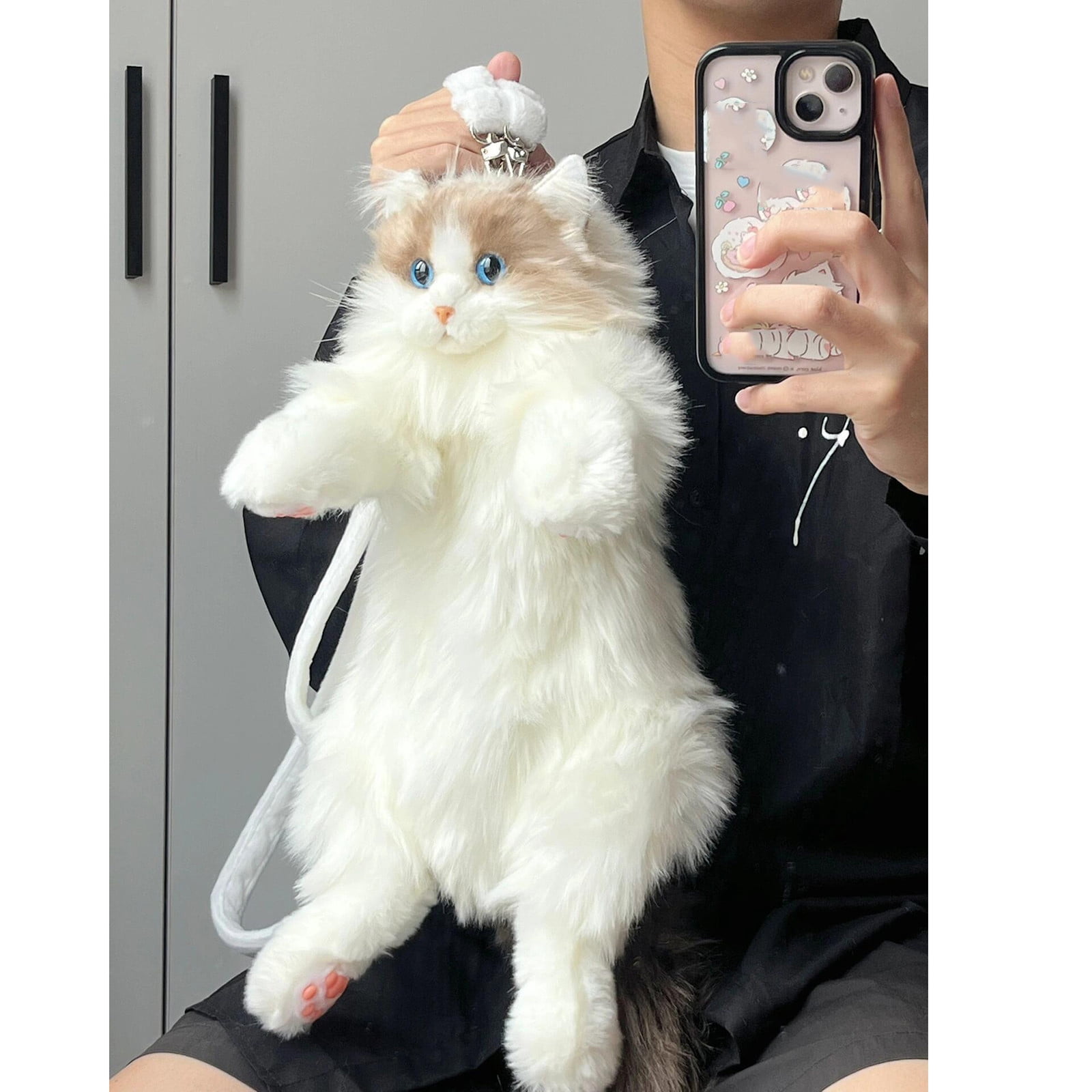 100Fens Stuffed Animals Backpack Cute Cats Backpack Handcrafted Realistic Catss Shaped Backpack Large Ragdoll Bag