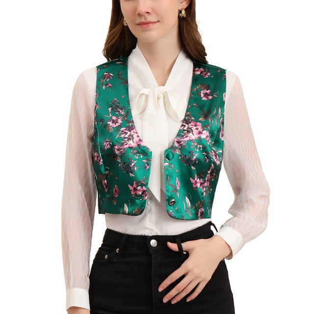 INSPIRE CHIC Women's Floral Pattern V Neck Sleeveless Button Satin Waistcoat Vest M Dark Green