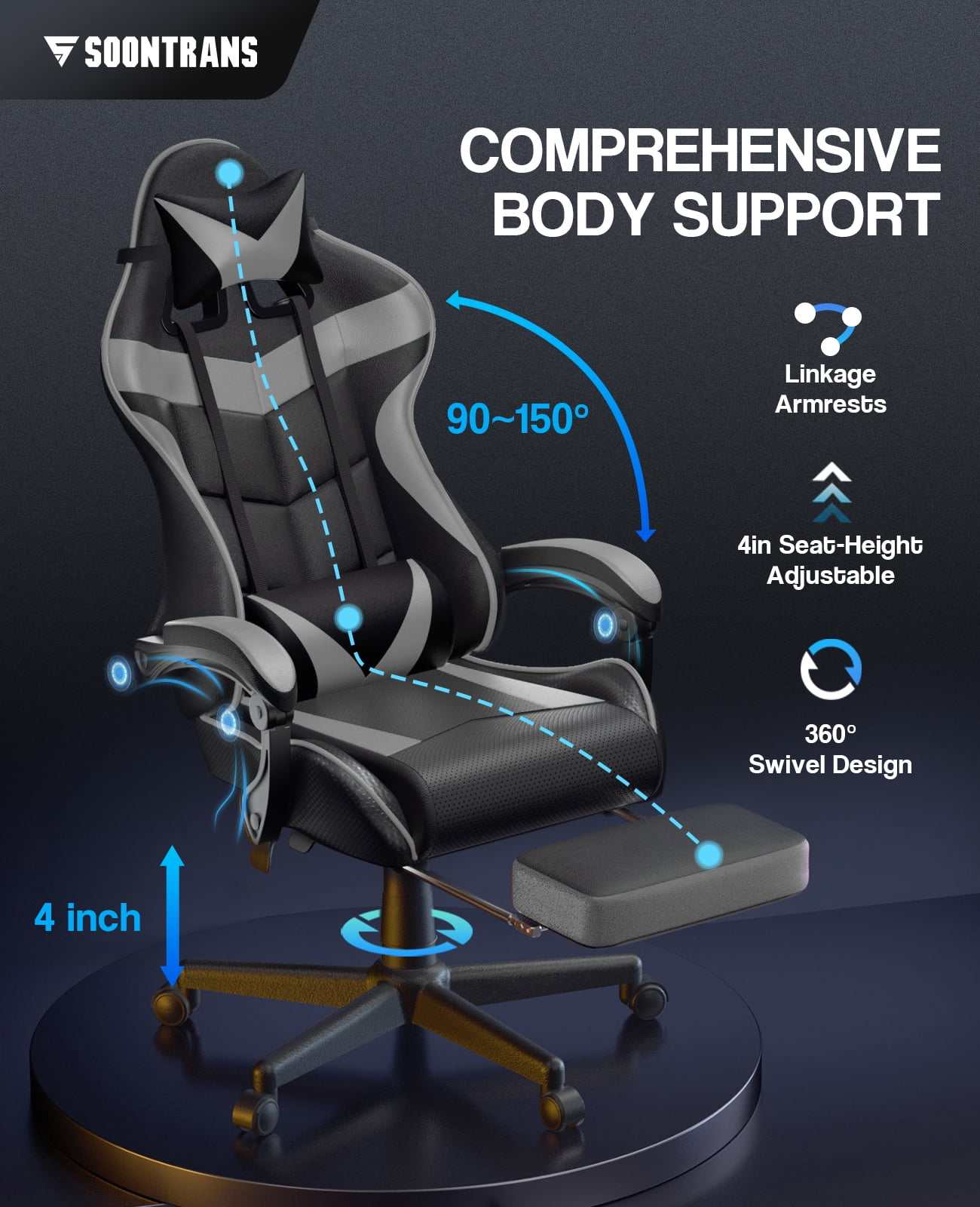 SOONTRANS Gaming Chair with Footrest, Ergonomic Game Gamer Chair with Lumbar Support & Headrest, Recliner Leather Computer Chairs