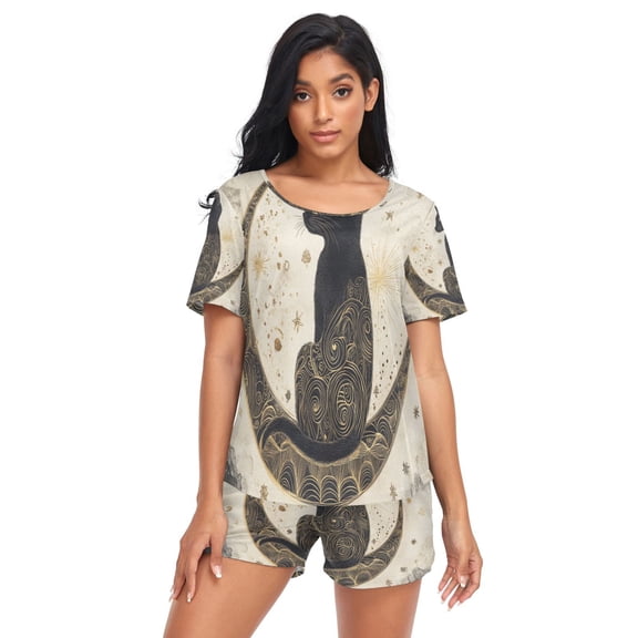 Women Pajama Sets Short Sleeve Sweatshirts Black Cat on Crescent Moon Casual Tops and Shorts