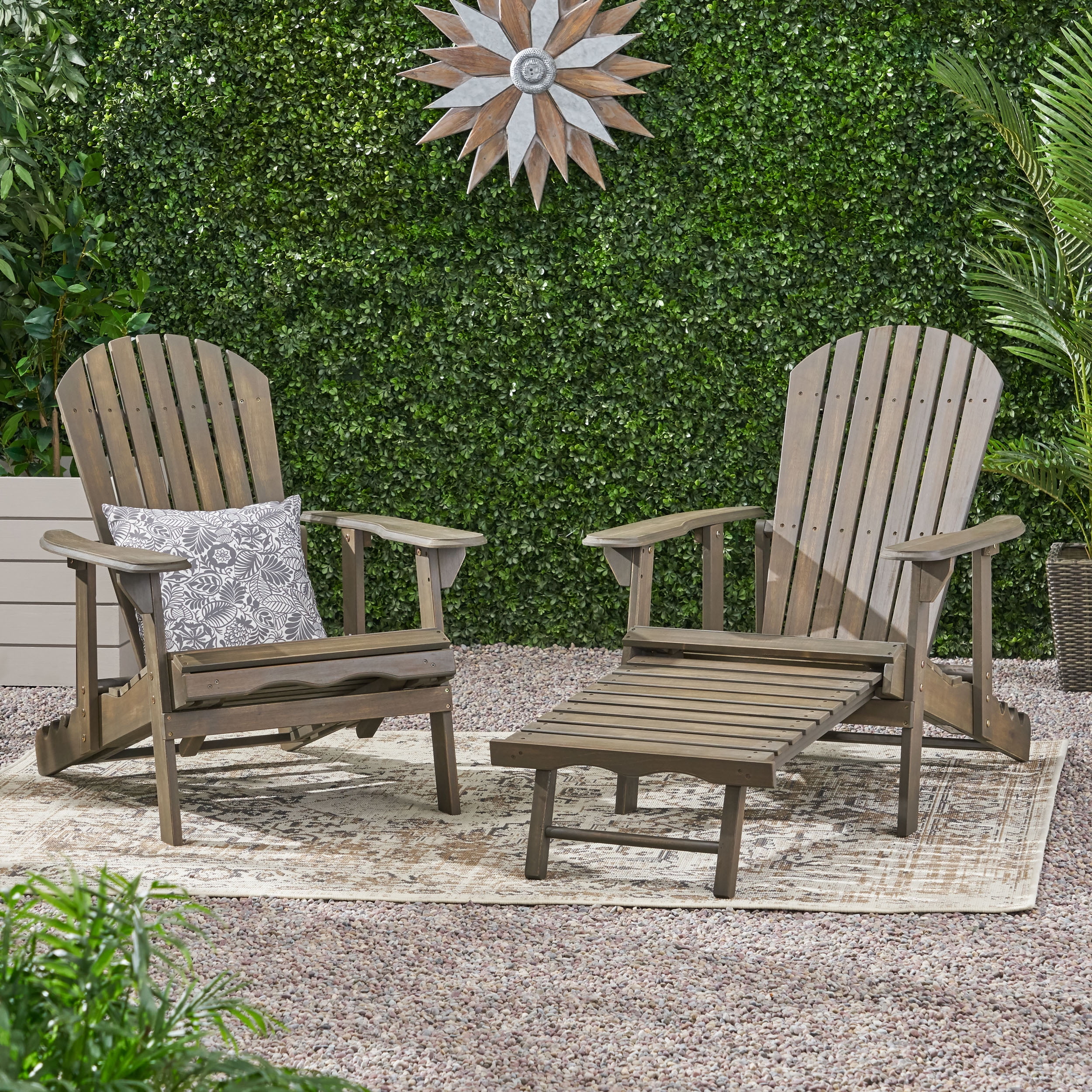 Kono Outdoor Acacia Wood Reclining Adirondack Chair with Footrest, Set of 2, Gray