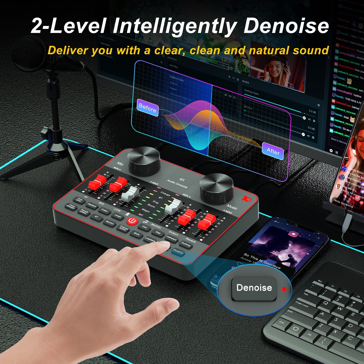 Tenlamp E300 Dual Microphone Audio Mixer Bundle, 2 Condenser Mics, G1 Interface, Black