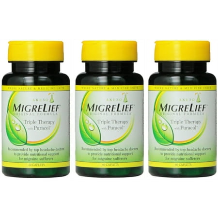 - 3 Pack Migrelief Original Formula Triple Therapy with Puracol 60 Caplets Ea =180