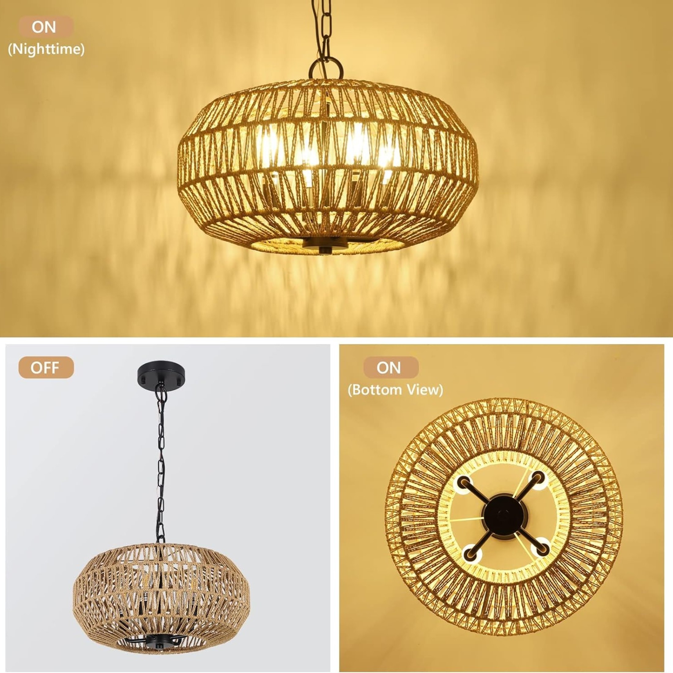 Noble House 15.7" Farmhouse Rattan Pendant Light, 4-Light Wicker Basket Chandelier for Dining Room & Foyer, Natural