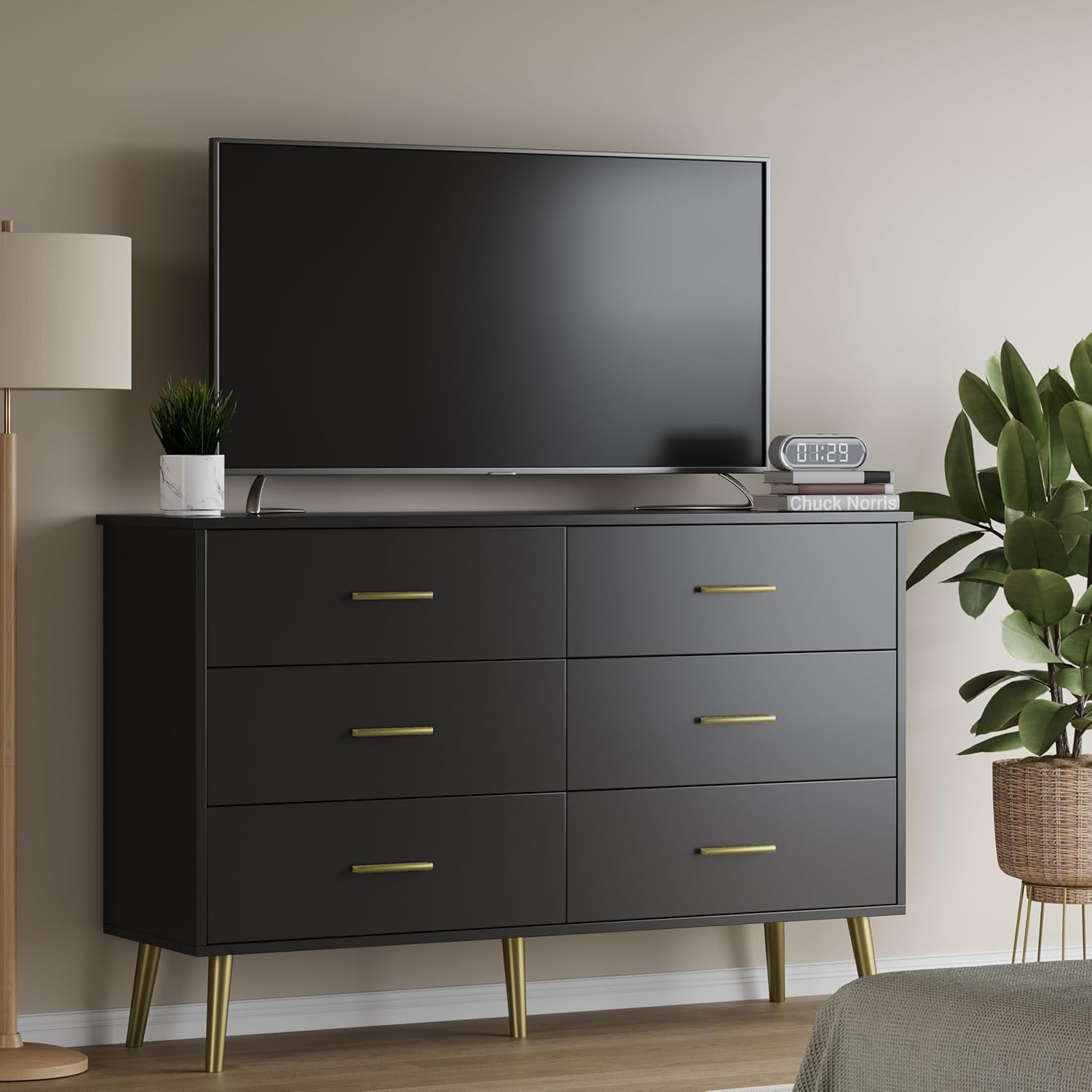 FANRAL 6 Drawers Dresser for Bedroom,Wood Modern Chest of Drawers with LED Light,Metal Support Feet,Black Dresser