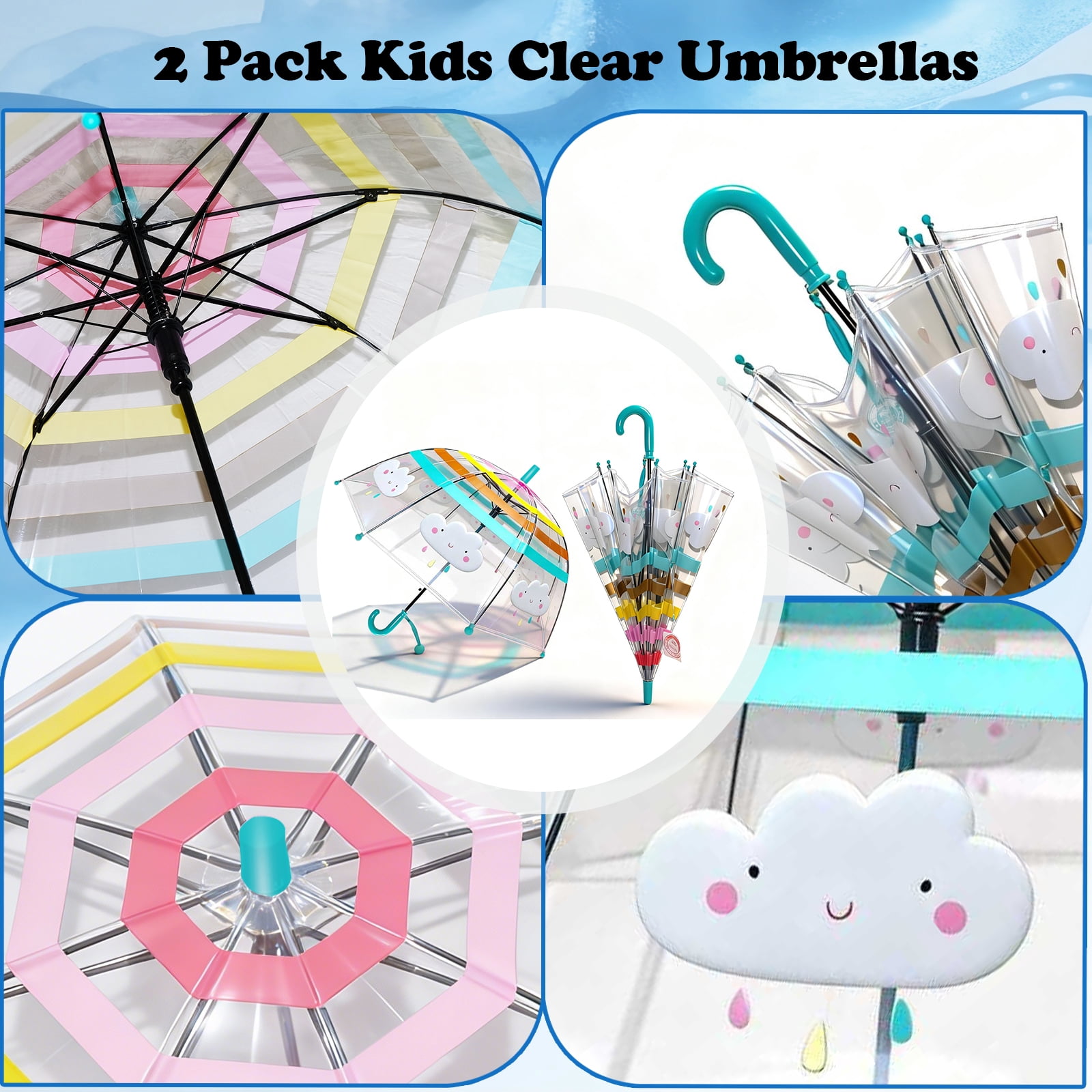 2 Pcs Kids Clear Bubble Umbrella, Unicorn Pattern with Easy Grip Curved Handle, Safe Transparent Umbrella for Toddler Girls