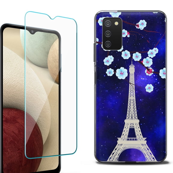 Slim-Fit Protective Fashion Phone Case (Black) for Samsung Galaxy A03s, with Tempered Glass Screen Protector, by OneToughShield ® - Eiffel Tower Stars