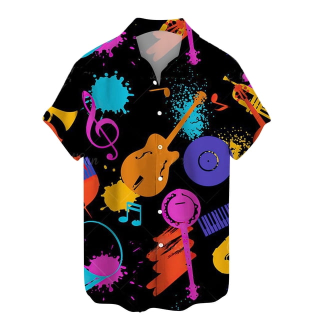 Chemise à Boutons pour Hommes Mode Été 2024 Personnalité Décontractée Instrument de Musique Numérique Manches Courtes-Week