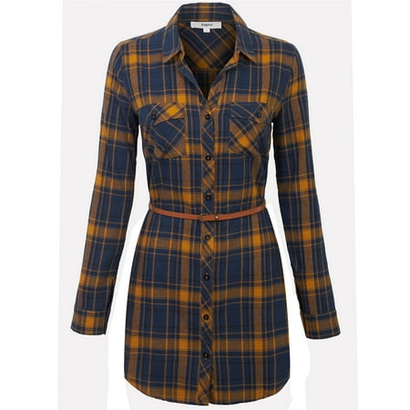 - KOGMO Womens Long Sleeve Button Front Belted Plaid Checker Shirt Dress