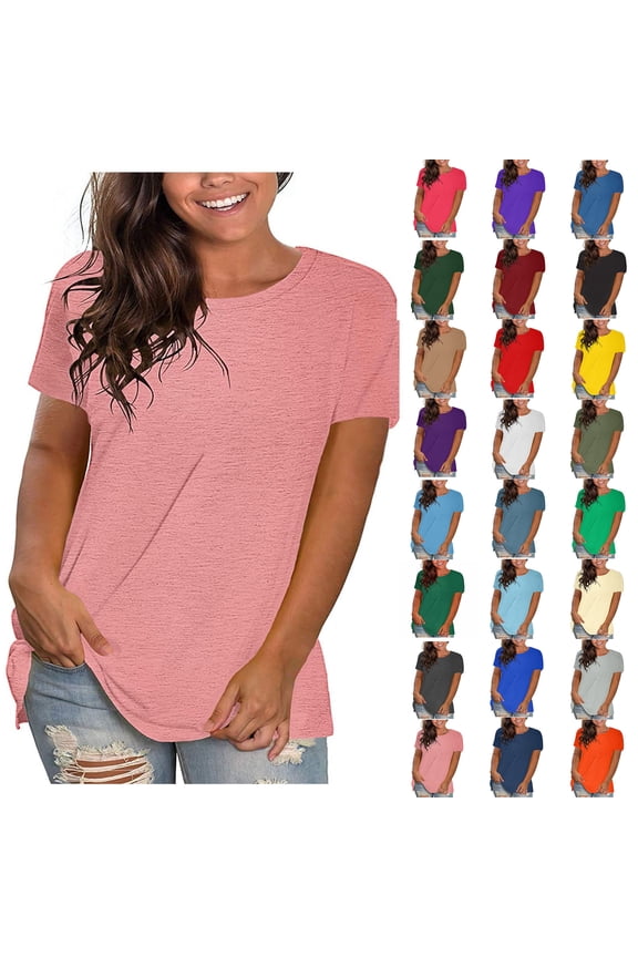 Summer Women Blouses Sawvnm Summer Tops for Women Blouse Spring Printed Mid-length 3/4 Sleeves O-Neck Casual Teen Tops T-shirt for Beach Party Pink L