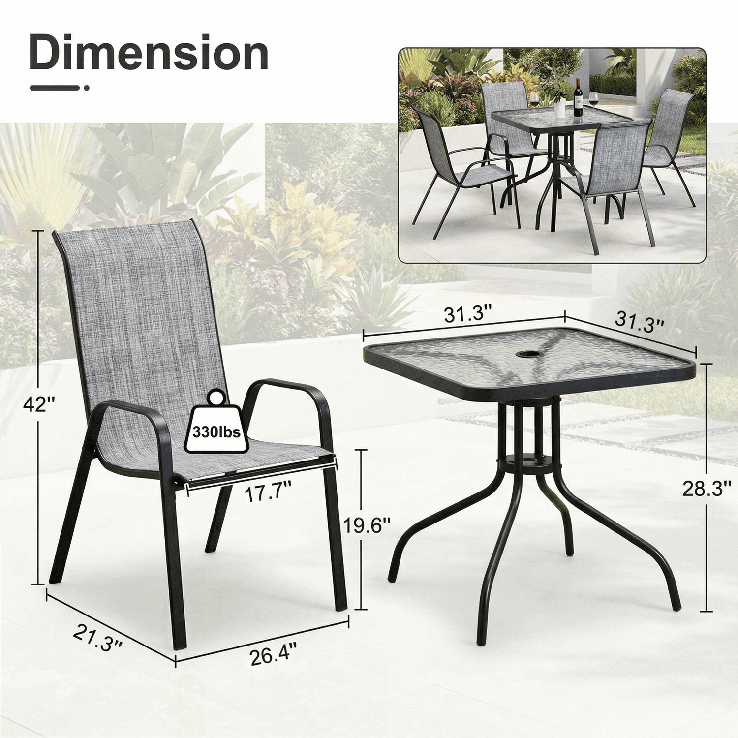 TLSUNNY Outdoor Patio Dining Set, Square Glass Table with Umbrella Hole & 4 Stackable Chairs, for Garden, Poolside, Backyard