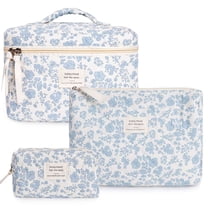Deago 3Pcs Makeup Bag Set Large Cotton Quilted Travel Cosmetic Bag Cute Floral Make Up Pouch Toiletry Bag for Women (Blue Flower)