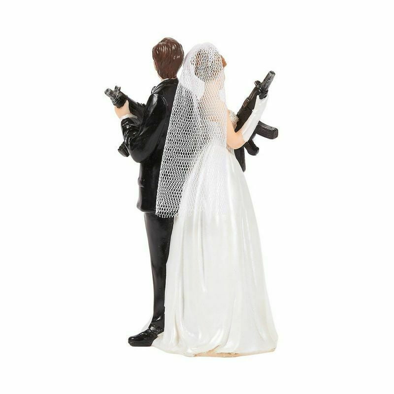 3 x 6 x 3" Bride Groom Holding Rifles Funny Figures Wedding Cake Topper 