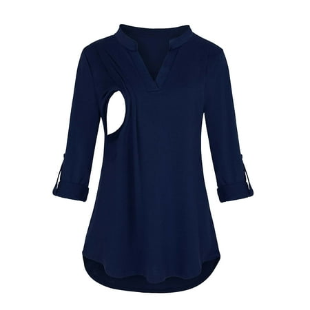 

Hfyihgf Maternity Shirts Rolled Long Sleeve V-Neck Nursing Tops Tunic Blouses Breastfeeding Casual Loose Fit(Navy M)