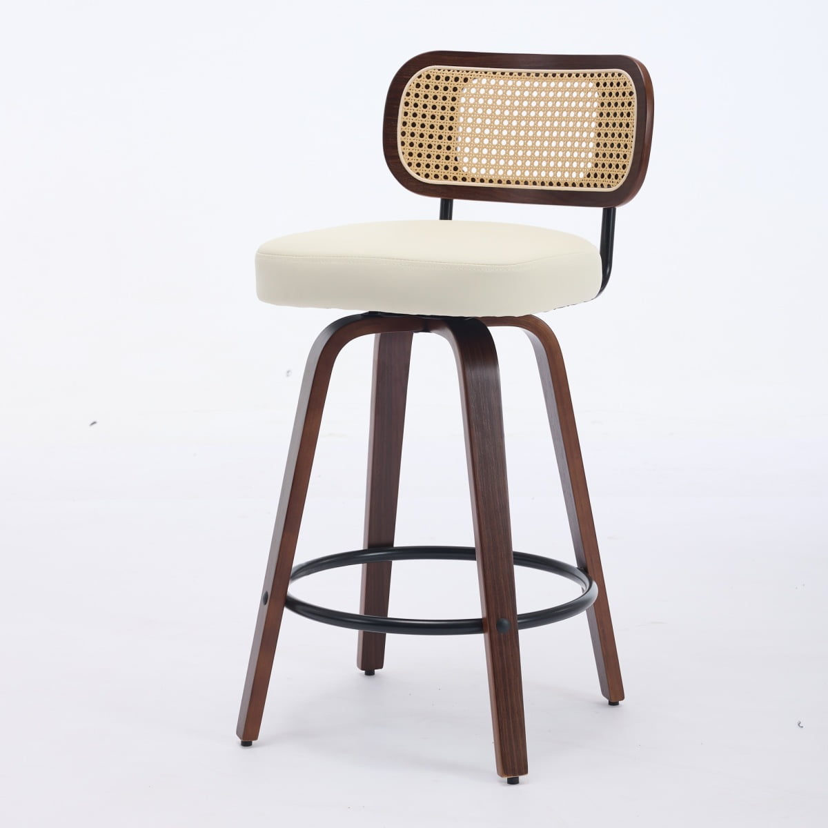 26 Inch Counter Height Swivel Bar Stools, Set of 3 Upholstered Faux Leather Bar Chairs with Walnut Back, Bentwood Legs, Mid Century Modern Island Stools for Kitchen Counter