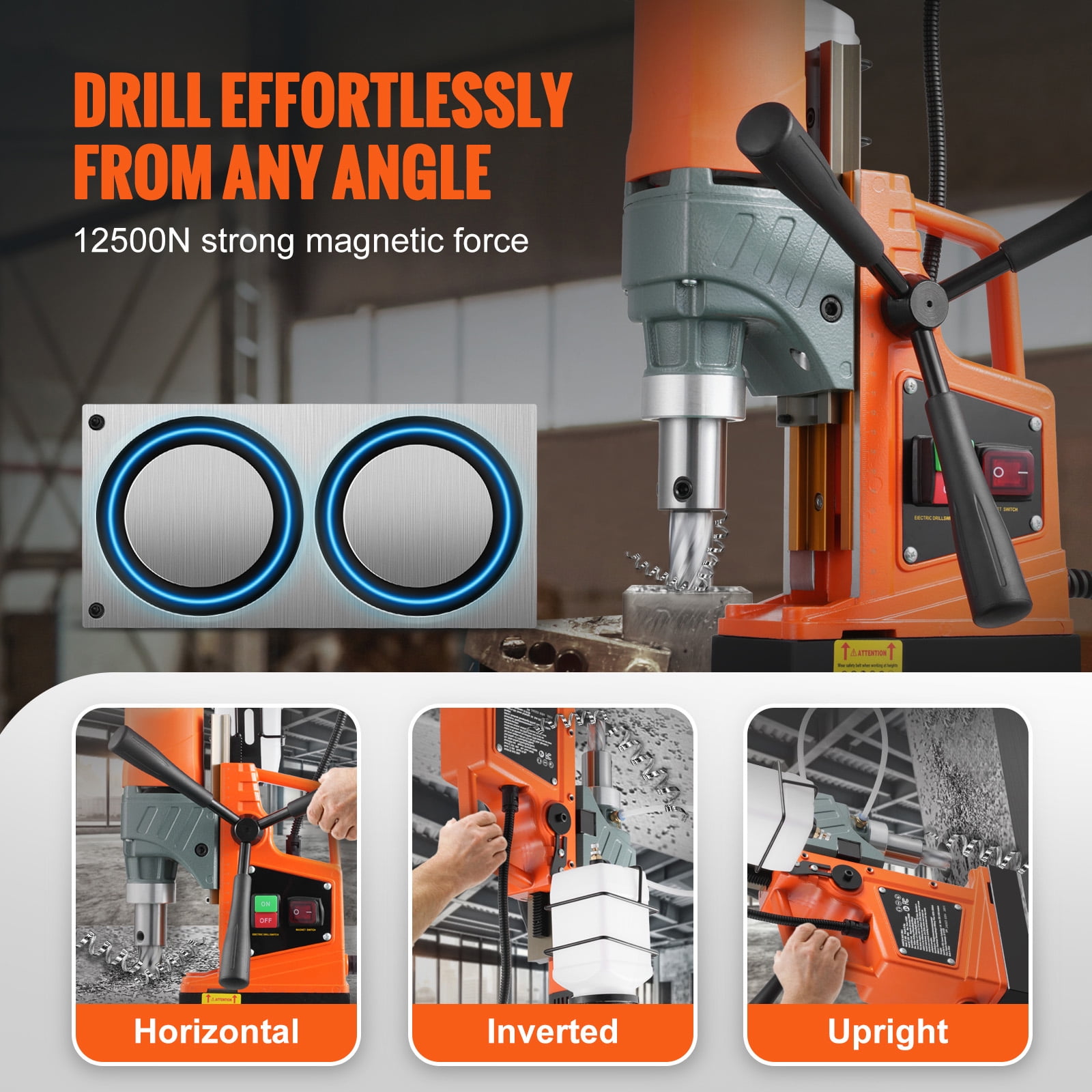 KFFKFF Magnetic Drill with 1450W Motor, 1.6-inch Boring Capacity, 2810 lbf Portable Electric Drill Press, Includes 11 Coring Bits, 850 RPM Speed