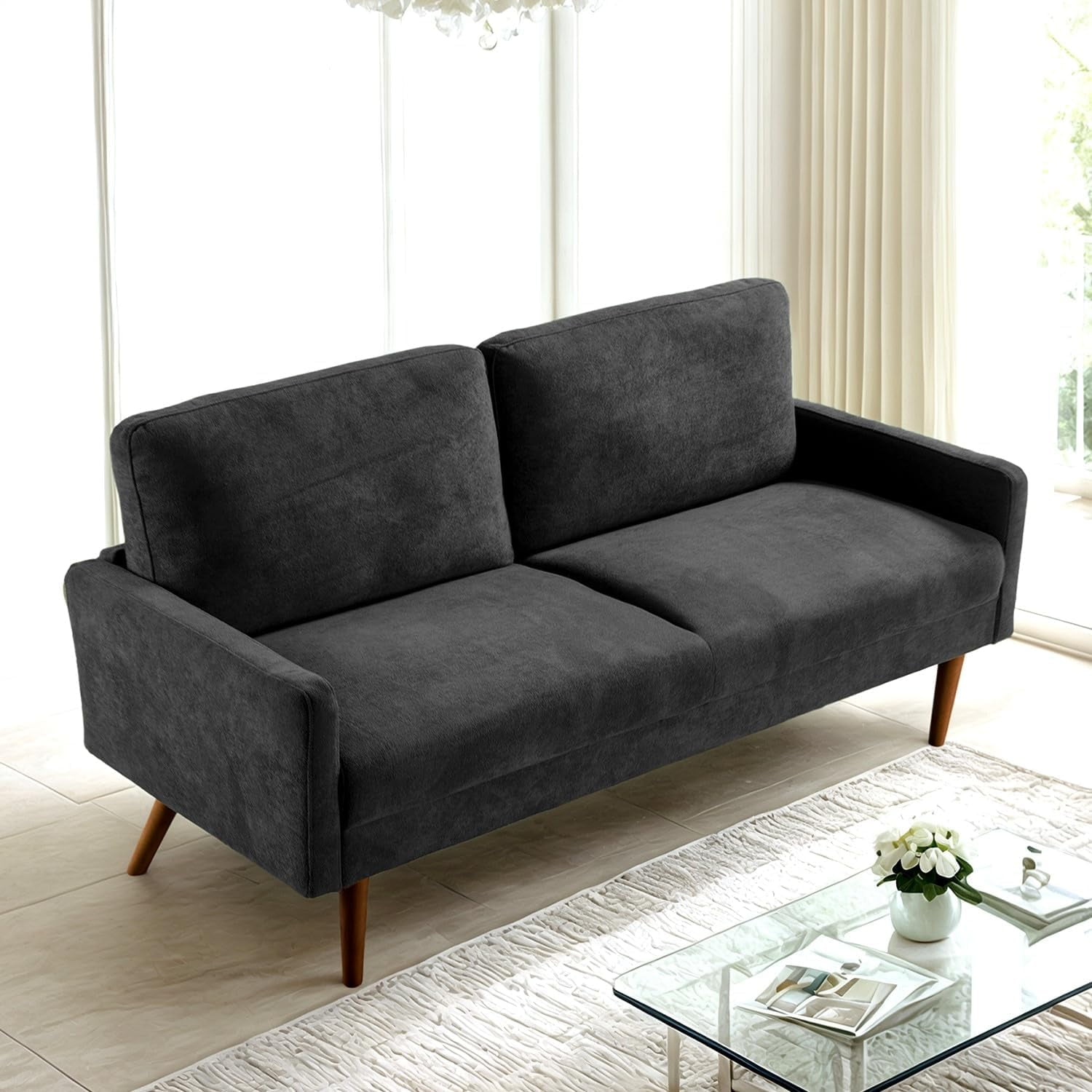 US Pride Furniture 67 in. Wide Square Arm Velvet Modern Rectangle Sofa in Black