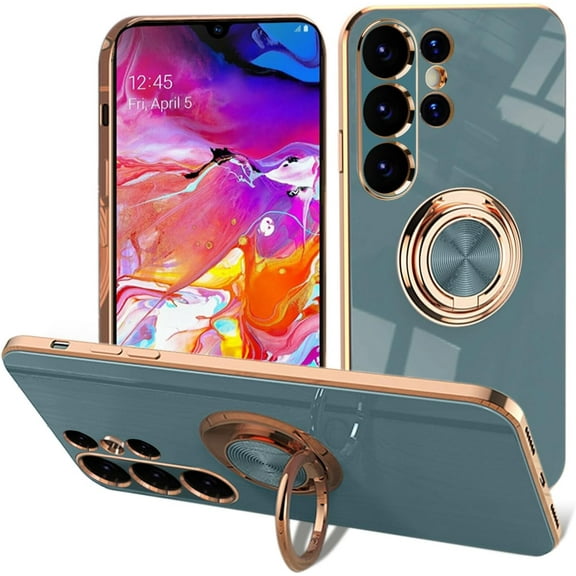 Case for Samsung Galaxy S25 Ultra, Phone Case with 360° Rotatable Finger Ring Holder Kickstand Magnetic Car Mount Supported Shiny Plating Gold Edge Slim Soft Silicone Protective Cover - Gray