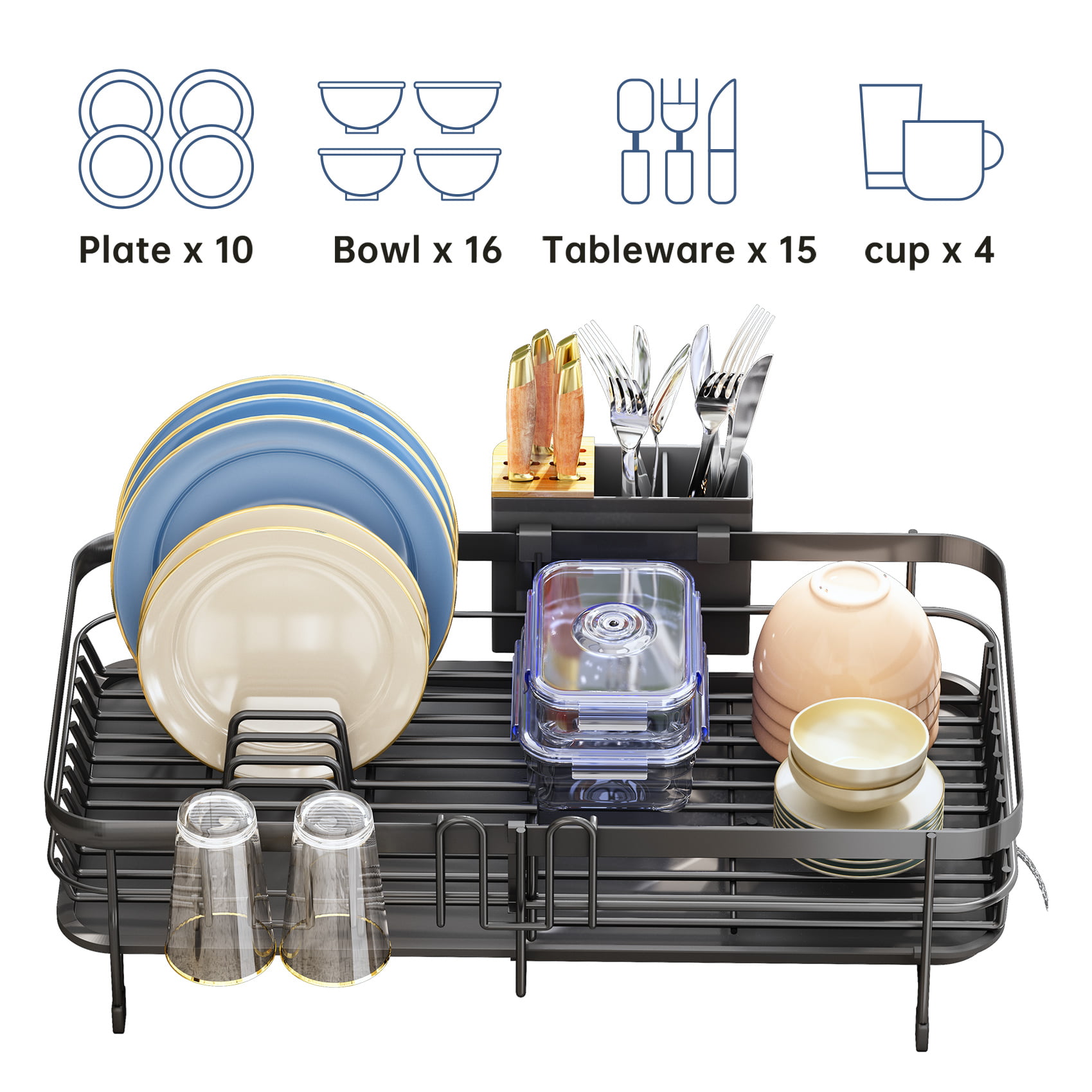 SAYZH Dish Drying Rack, Expandable Dish Racks for Kitchen Counter, Small Kitchen Drying Rack with Removable Cutlery Holder, Black