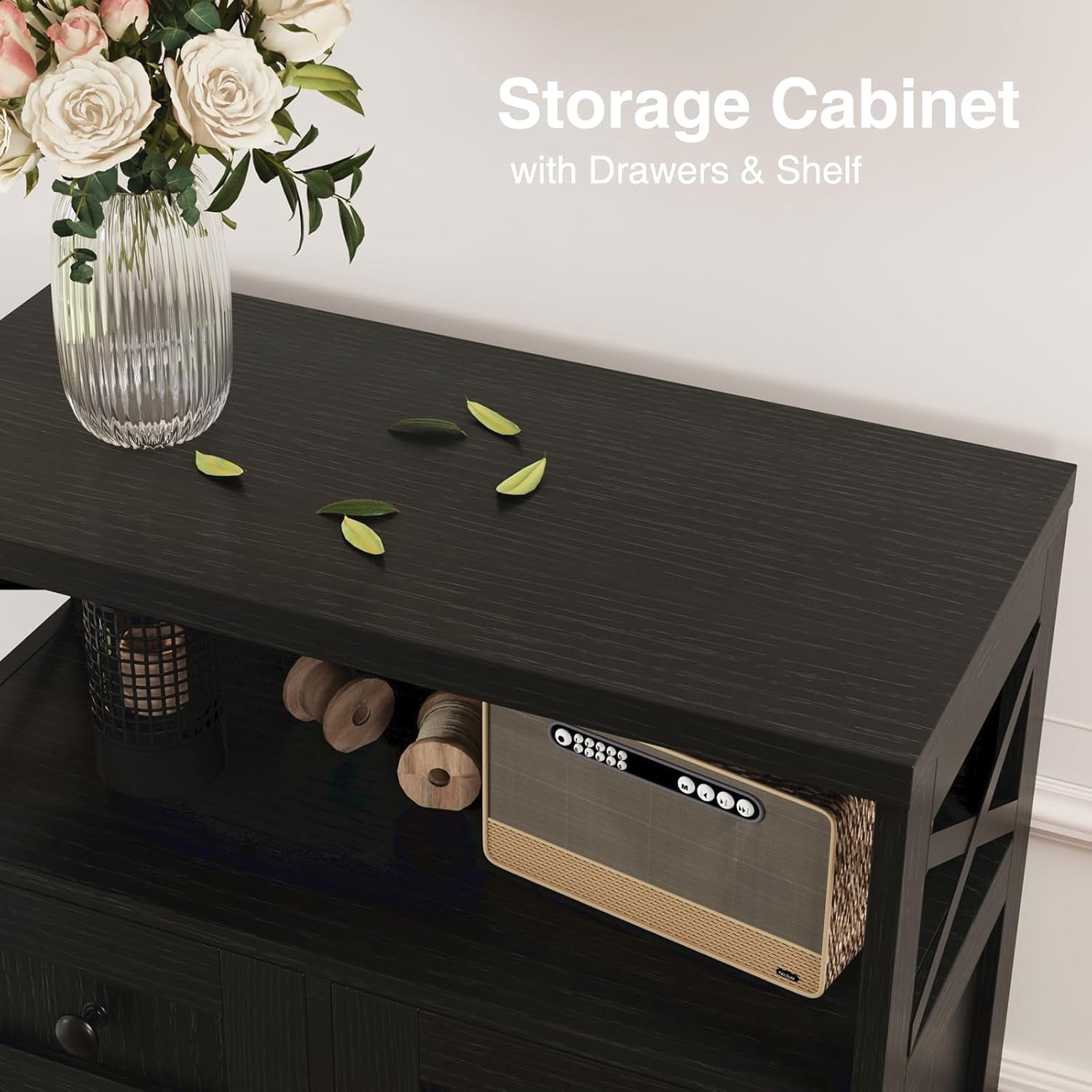Set of 2 Black Storage Cabinet with Drawers and Shelves, Freestanding Black Kitchen Pantry, Floor Storage Cabinet Hutch Cupboard for Dining, Living Room, Home Office