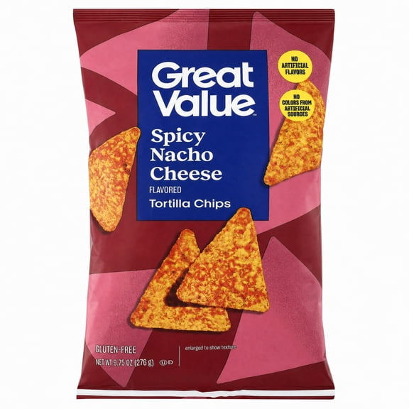 Great Value Spicy Nacho Cheese Tortilla Chips, 9.75 oz Bag