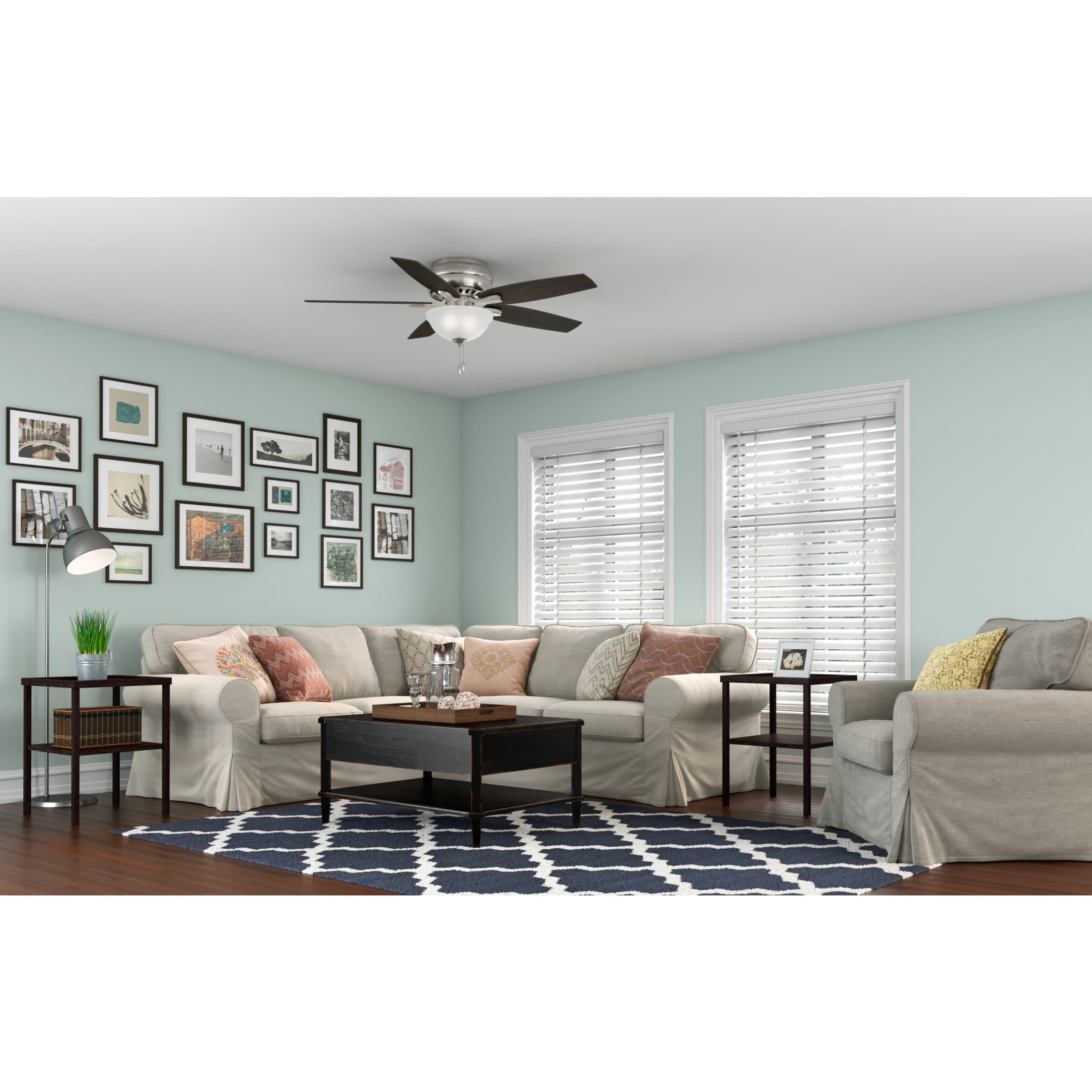 Hunter 52 inch Indoor Ceiling Fan with LED Light - Ceiling Fan with Pull Chain, For Bedroom or Living Room, Low Profile Mount, No Remote, 5 Blades, Includes Bulbs- Newsome 53315, Brushed Nickel