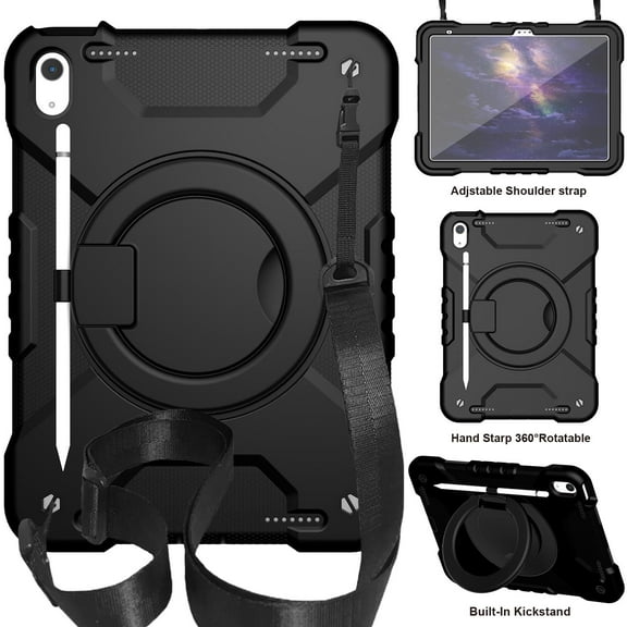 Dteck Case for iPad 11-inch (A16) 2025/iPad 10th Generation 10.9 inch 2022,Heavy Duty 3-Layer Protection Case Shockproof Hand Grip 360 Rotating Kickstand Hard Cover with Shoulder Strap,Black