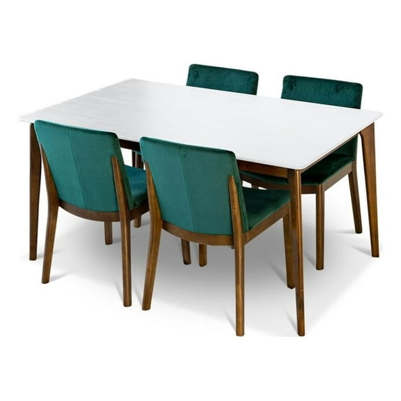 Pemberly Row 5-Piece Mid-Century Dining Set w/ 4 Velvet dining chairs in Green