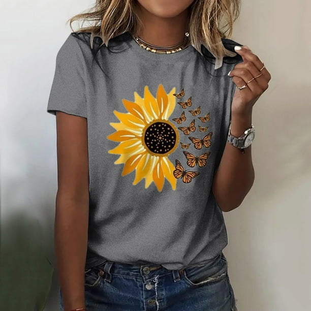 Gibobby Blusa de Trabajo de Manga Corta Girasol Impreso O Cuello Camiseta Mujer Loose Fit Floral Impreso Camiseta Ropa Mujer Gris M Walmart en linea