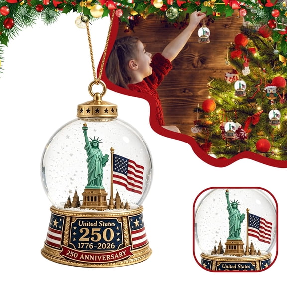 2026 Patriotic 250th‑Anniversary Christmas Tree Ornament, Metal Hanging Holiday Keepsake Decoration, Vintage Style Festive Pendant for Xmas Tree & Stocking Home Party Decor, Liberty Snow Globe