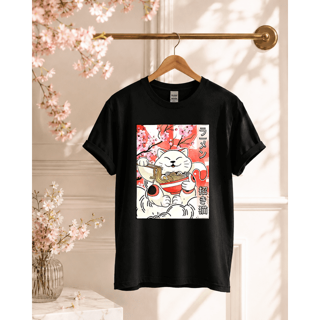 Nouilles Maneki Neko Chat Ramen T-Shirt Adulte Unisexe Hommes Femmes Design Rétro Tee Vintage Haut A4900