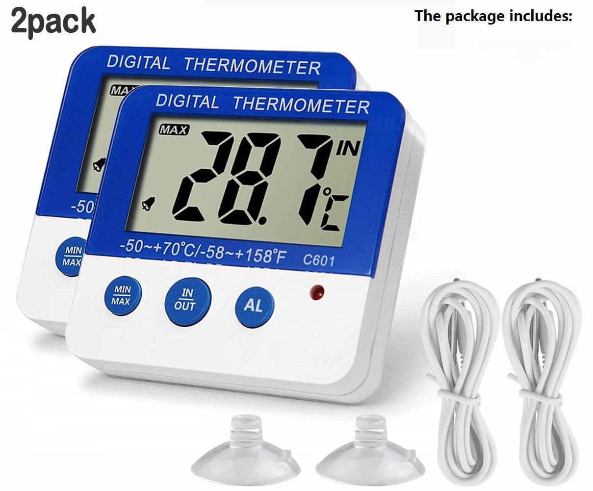 ABCISI Fridge Freezer Thermometer, Max/Min Memory High & Low Temperature Alarms Settings with LED Indicator Digital Refrigeration Thermometer with Magnetic, Stander 2 Pack