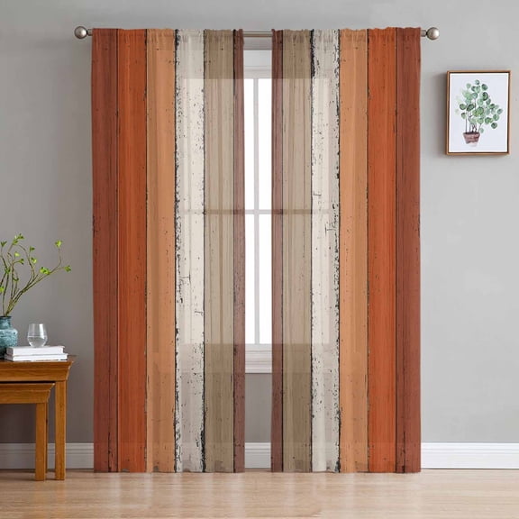 Burnt Orange Semi Sheer Curtains 72 Inch Length 2 Panels Set, Farmhouse Wood Grain Brown Vertical Striped Sheer Kitchen Curtain Privacy Voile Window Curtain for Living Room Bedroom Rod Pocket Drapes