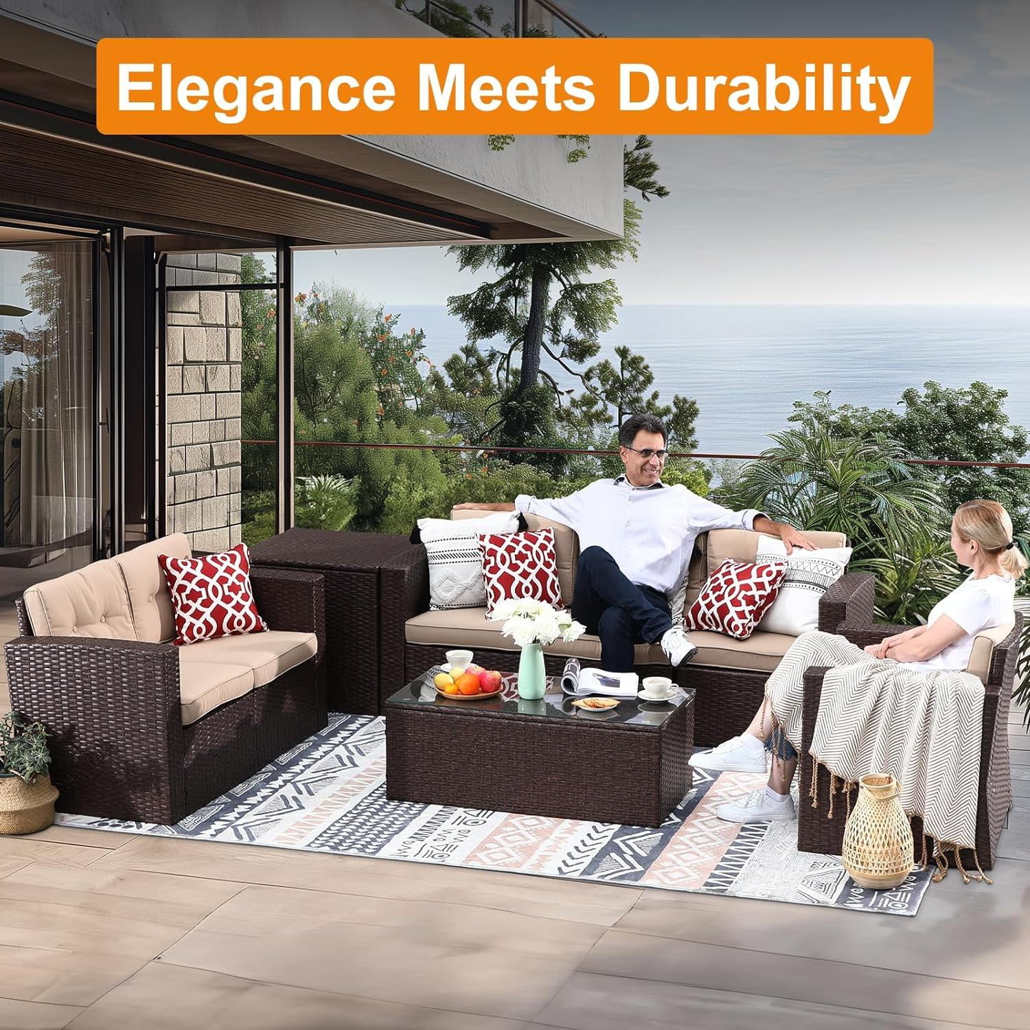 JOIVI 8 Pc Outdoor Furniture Set with Storage Box, Wicker Rattan Patio Conversation Set with Sectional Sofa Couch for 6 People, Espresso Brown