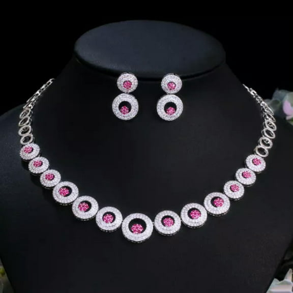 Royal Blue CZ Stone Round Choker Necklace Earrings Set for Women Dress Jewelry