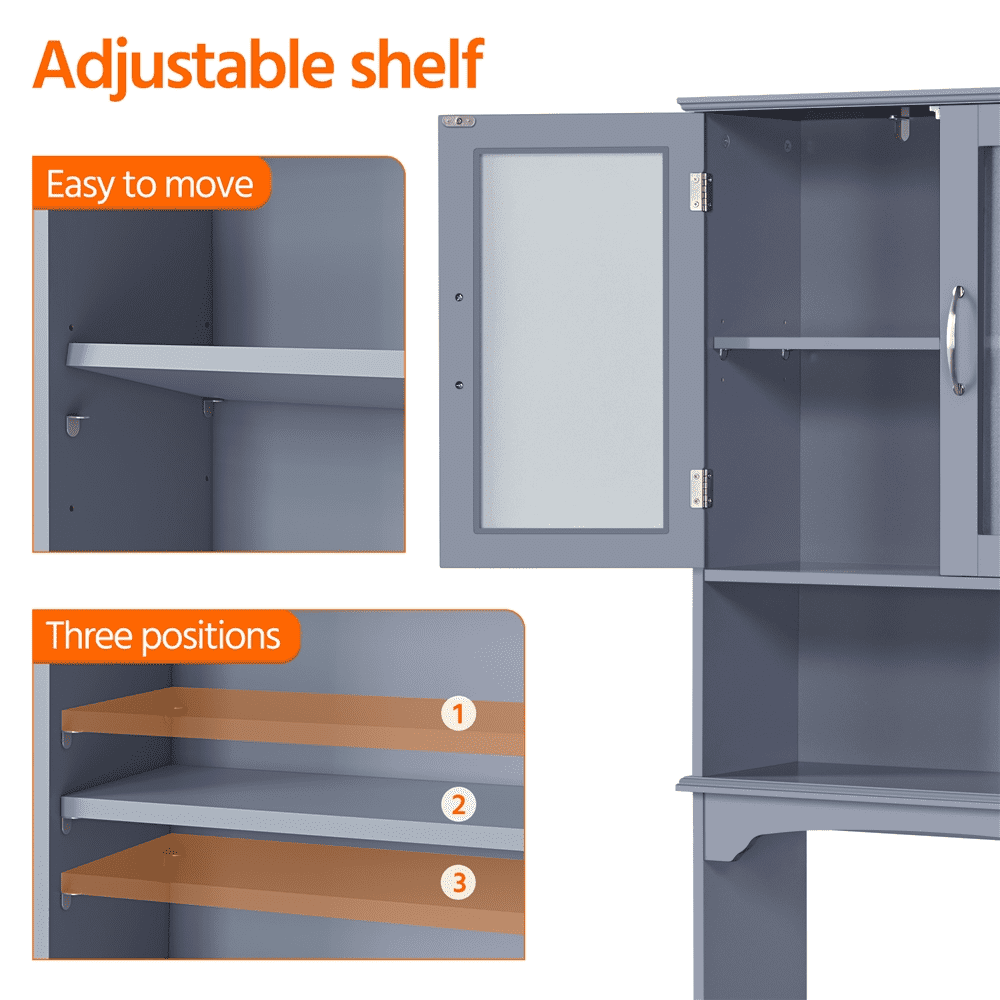 FullFurnique Freestanding Over-the-Toilet Storage Cabinet with 2 Tempered Glass Doors and 1 Open Shelf, Gray