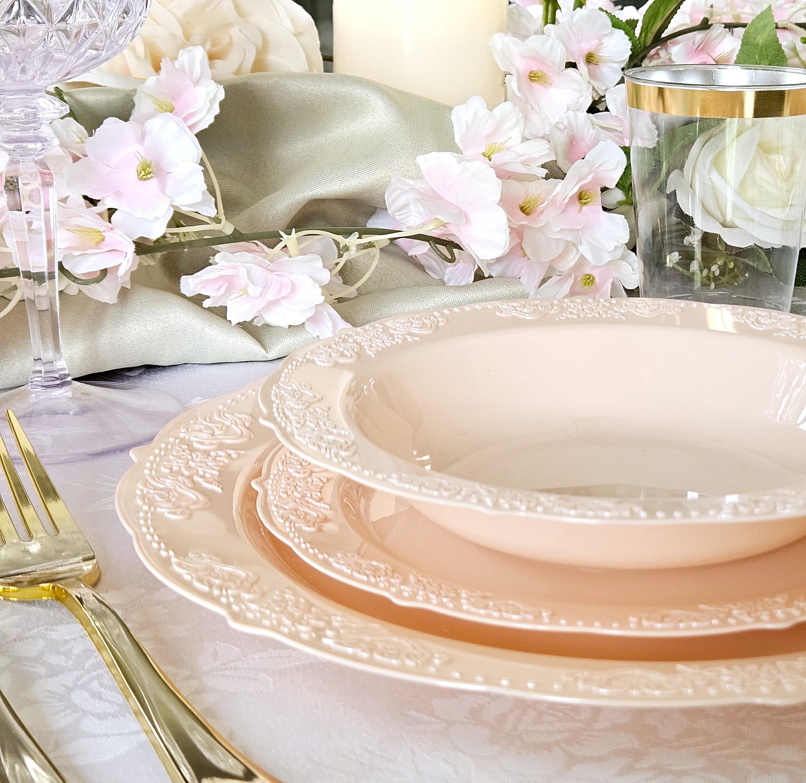 " OCCASIONS " 100 Plates Pack,(50 Guests) Vintage Wedding Party Disposable Plastic Plates Set -50x10.25'' Dinner + 50x7.5'' Salad/Dessert Plate (Portofino Blush / Antique Rose)