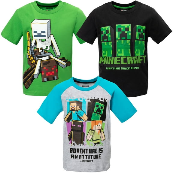 Minecraft Creeper Steve Skeleton Little Boys 3 Pack T-Shirts Little Kid to Big