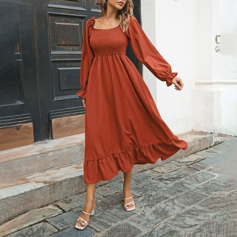 SMihono Women's Boho Square Neck Smocked Long Puff Sleeve A Line Maxi Dress  Shirred Bodice A-Line Ruffled Flare Dress Orange XL - Walmart.com