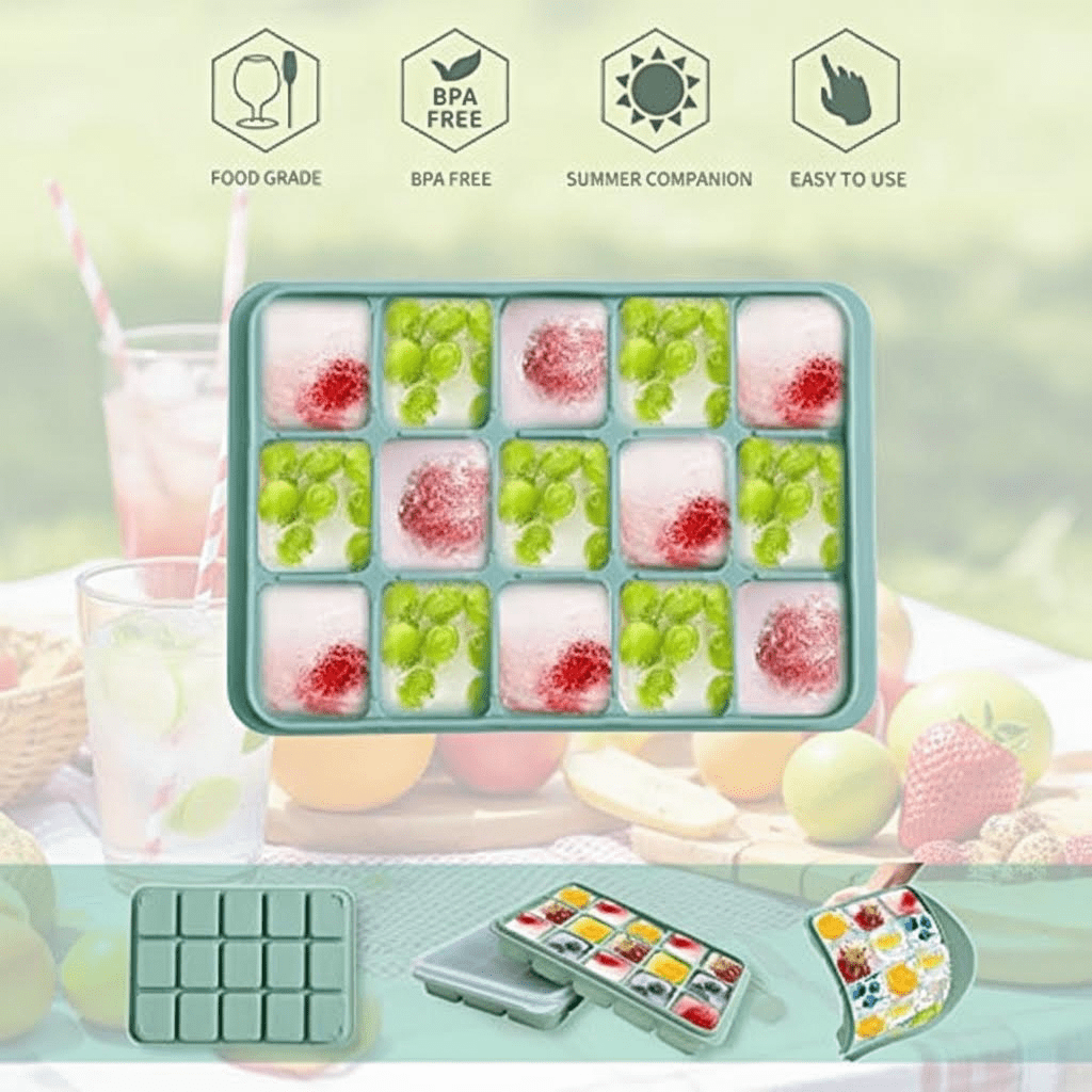 Set of 2 Stackable Silicone Ice Cube Trays with Removable Lids, Easy Release Flexible Molds for Whiskey, Cocktails, and Baby Food, BPA-Free Reusable Freezer Trays in Bamboo Green