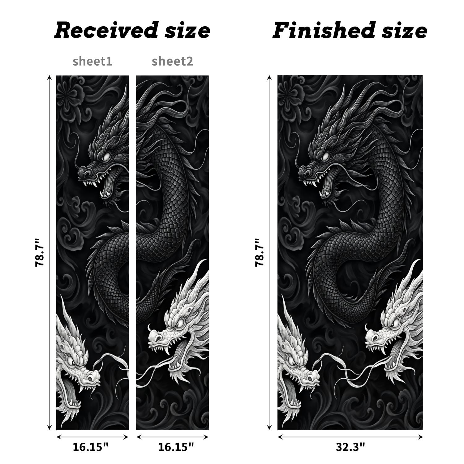 Self Adhesive Vinyl Refrigerator Wrap Set Intricate Black White Dragon Patterns Floral Details Door Mural Removable Fridge Sticker Peel and Stick&nbsp;Full Door Cover Decal Kitchen Bar Decor