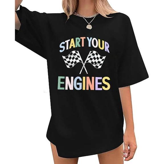 Oversized Racing Shirts Women Start Your Engines Shirt Race Day Checkered Flag Race Car T-Shirt Short Sleeve Tee Top