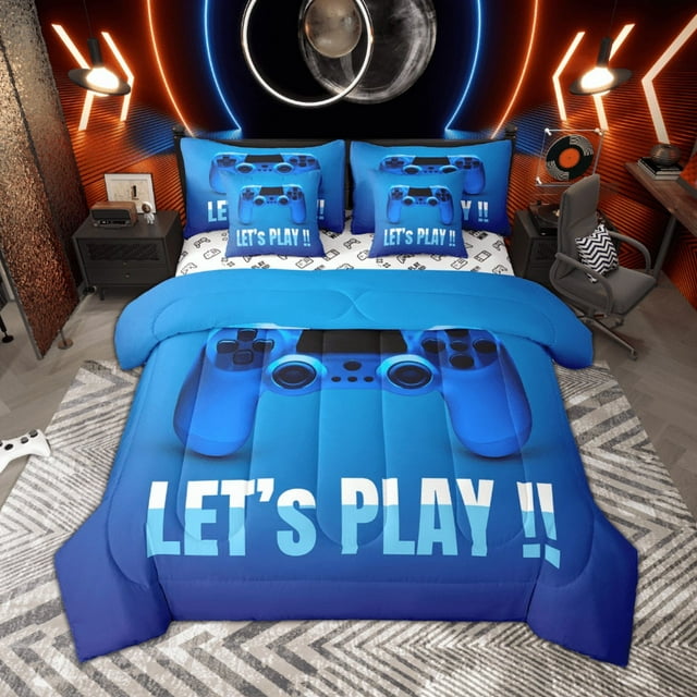 Manfei Boys Gaming Gamer Bedding Comforter Set, Video Game Console Gamepad Full Bedding Set, Blue Fitted Sheet Flat Sheet, Microfiber Bedroom Decor Reversible 7 Pieces