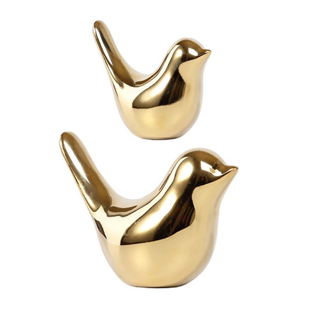 2x Polar House Golden Bird Figurines Modern Ceramic Bird Statues Animal Sculpture Gold Ceramic -L & S