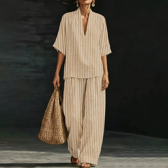 Two Piece Sets for Women Summer Casual Outfit Sets Fashion Stripes Printed V Neck Short Sleeve Topss and Wide Leg Double Pocket Pants Set Vacation Travel Outfits Fashion 2026