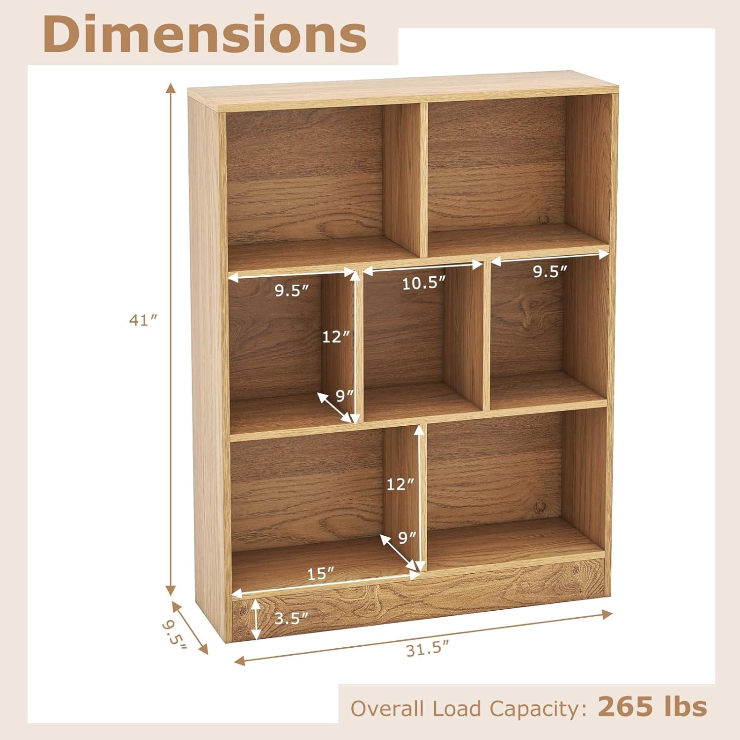 WBTER 7-Cube Bookshelf, 41” Floor Bookcase with 2 Anti-Tipping Kits, Freestanding Storage Organizer, 4-Tier Display Shelf for Home, Office & Dorms (Natural, 7-Cube)